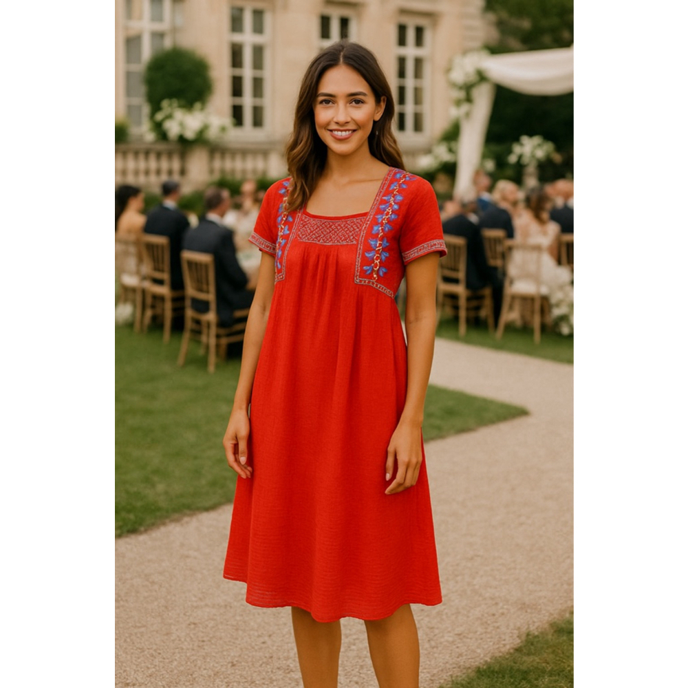 Old Navy Red Cotton Dress Midi Boho Embroidered Boho Peasant Cottagecore Summer
